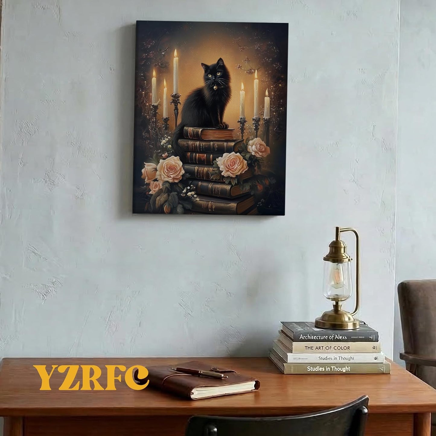 YZRFC Dark Academia Black Cat Wall Art Framed, Vintage Floral Moody Black Cat Book Art Wall Decor Canvas Artwork Poster for Home Bedroom Reading Nook Corner, 11x14 Inch