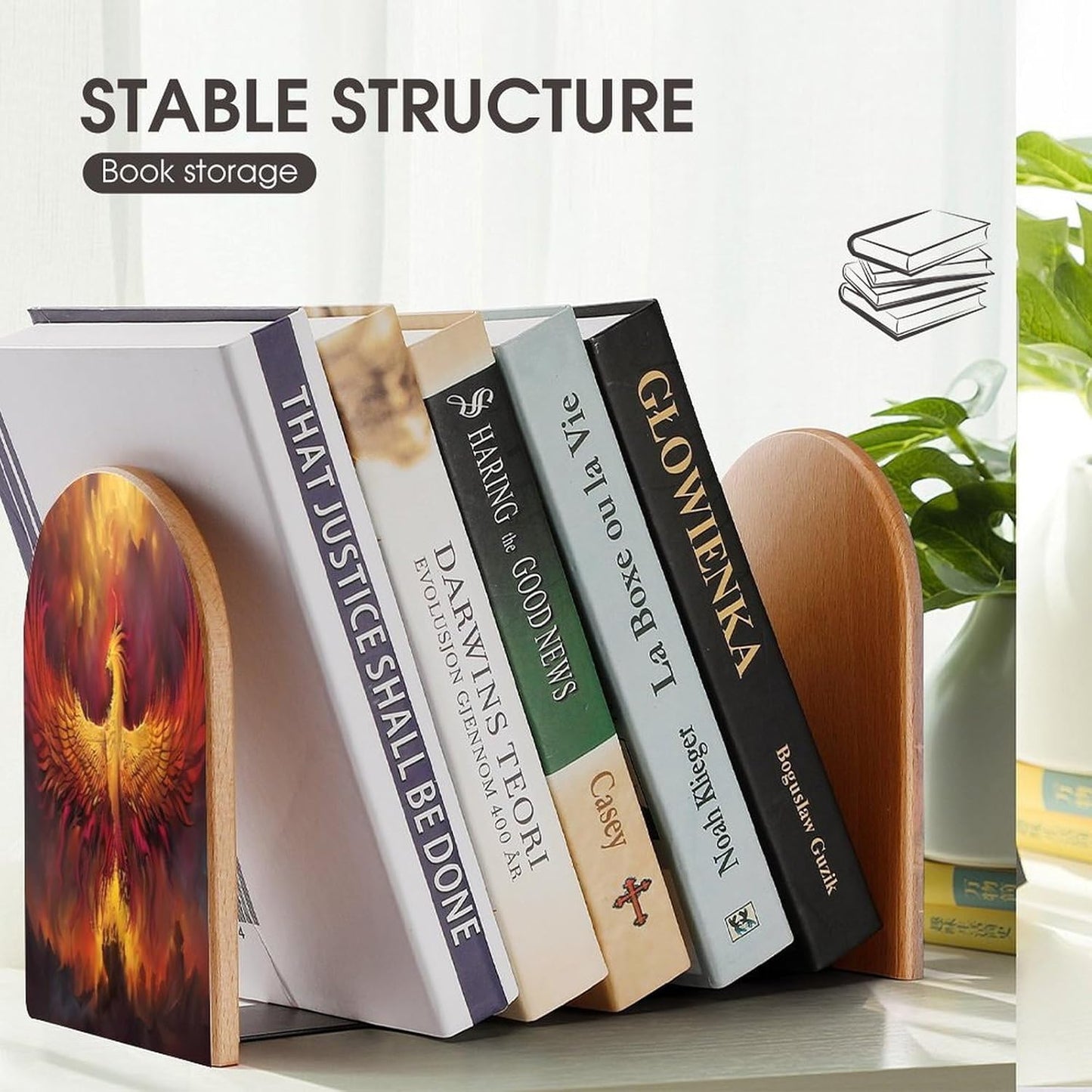 Fantasy Phoenix Wooden Bookend Non-Slip Book Ends Heavy Duty Book Stopper with Metal Base Books Holderd Decorative Bookends Stands Firmly for Office Supplies