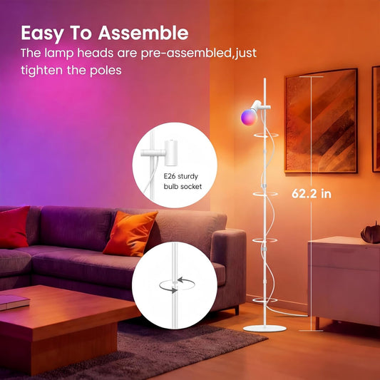 Smart Floor Lamp, LED Bulb Corner Lamp 270° Swivel Head Works with Alexa Google Home, Floor Lamps with Music Sync, 16 Million DIY Colors, Color Changing Standing Lamp for Bedroom Living Room, White