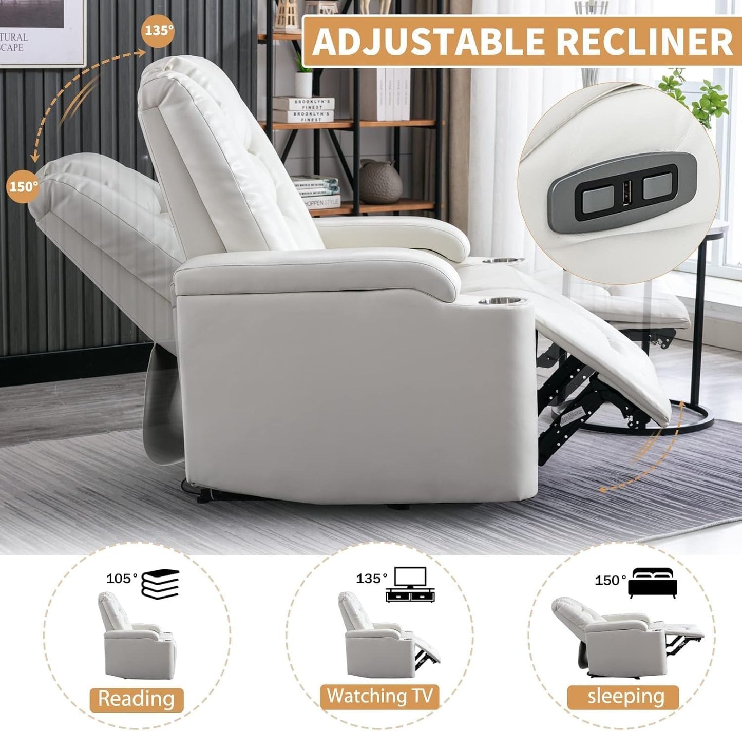 Oversized Power Recliner Chair with USB Ports and Cup Holders, Overstuffed Electric Reclining Sofa with Hidden Arm Storage, Comfortable Lounge Chair for Living Room
