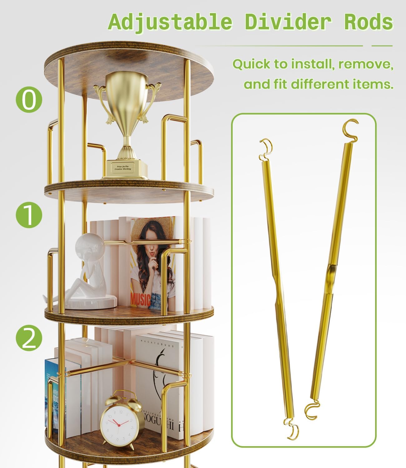 5 Tier Round Rotating Bookshelf Tower Gold,62” Tall Space Saving Spinning Bookshelf with Anti-Tipping Design,Metal Standing Revolving Bookcase Stackable for Small Spaces,Study,Living Room