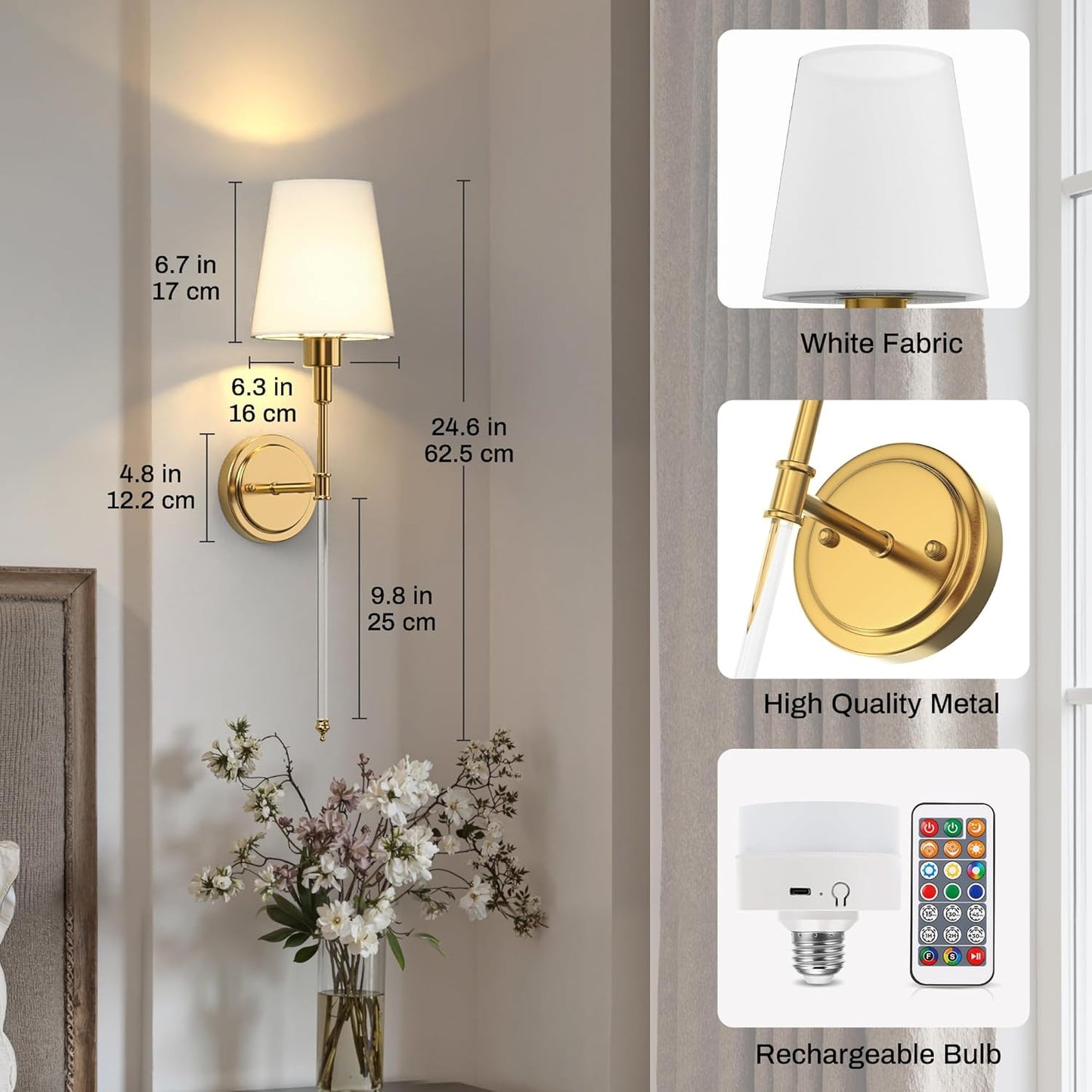 DORESshop Battery Operated Wall Sconce Set of 2, Wall Light Wireless Easy to Install, Dimmable and Adjustable Sconce Wall Decor, Rechargeable Wall Lamp for Bedroom, Living Room, Gold and Glass 24.6in