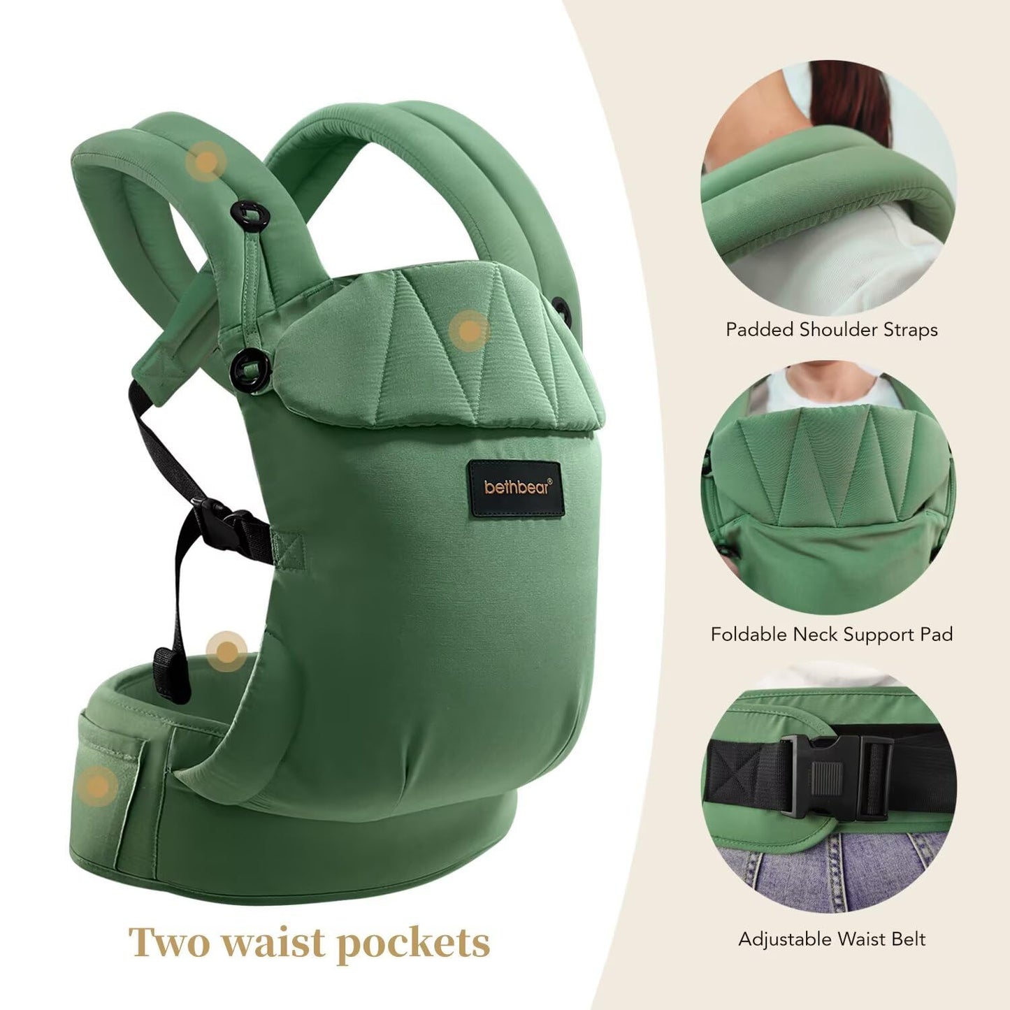 Baby Carrier Newborn to Toddler 7-45 lbs with Natural Material, Ergonomic Design,Versatile and Adjustable,Hands Free for Moms&Dads,Green