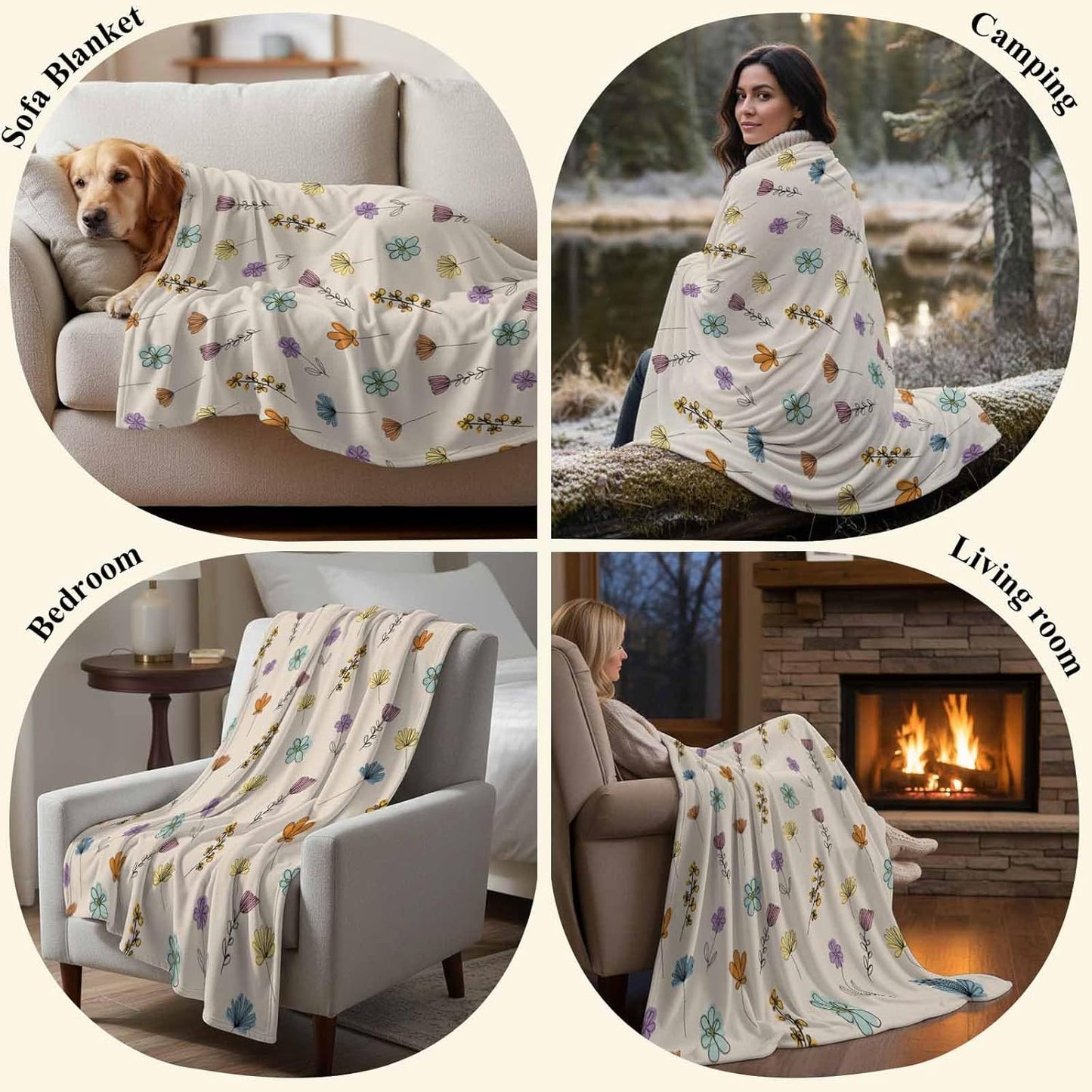Spring Plant Throw Flannel Blanket 40x50In, Yellow Pink Purple Flower Farm Floral Beige Super Soft Cozy Bed Blanket, Lightweight Plush Fuzzy Bed Throw for Bedroom Sofa Couch Living Room