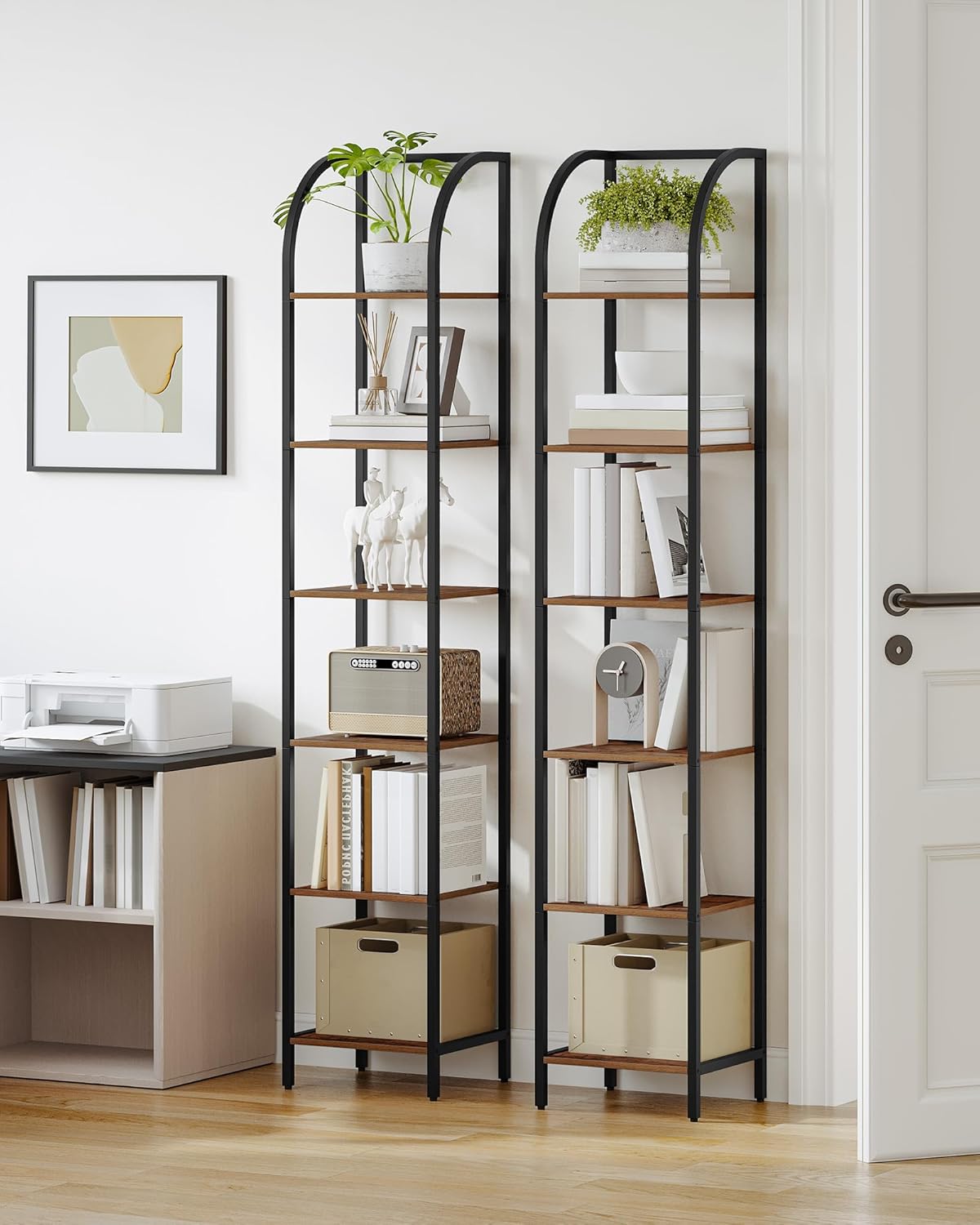 Bookshelf Narrow Bookcase, Tall Storage Rack with Steel Frame, Display Standing Shelf Unit, Skinny Book Shelf for Study Living Room Home Office, Industrial Style, 6-Tier Rustic Brown BC56001B