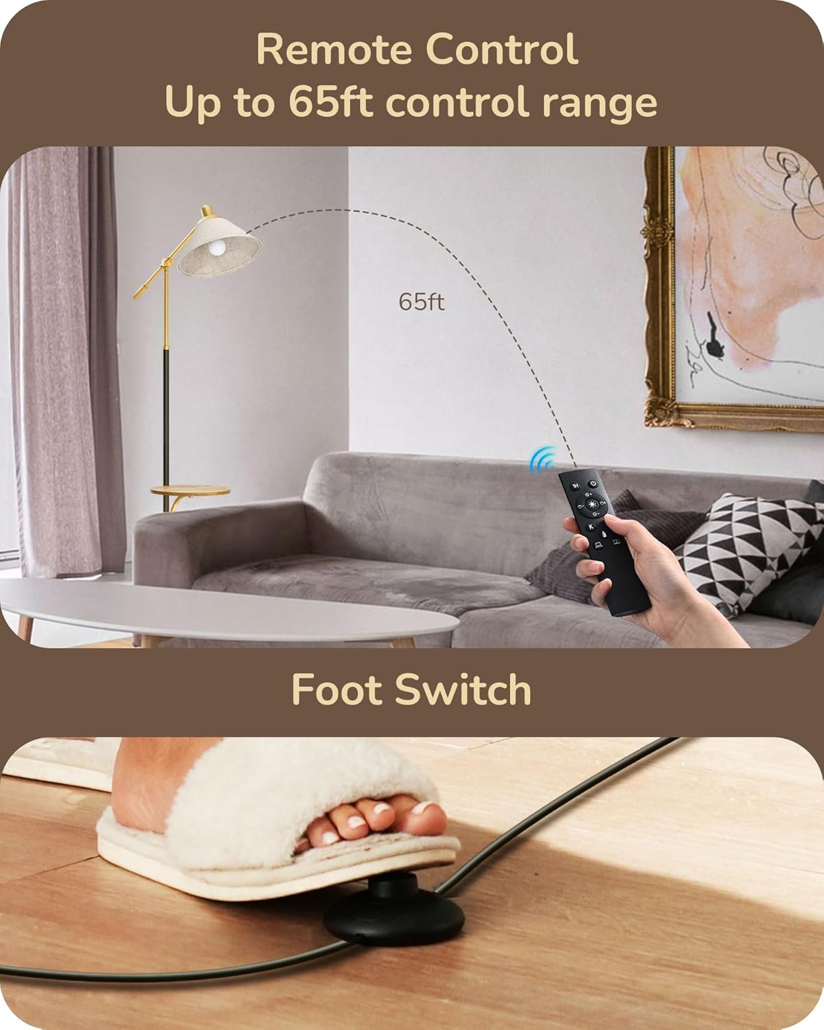 EDISHINE 68" Arc Floor Lamp with Table, Vintage Standing Lamp for Living Room with Tray, Height Adjustable, 5 Color Temperatures LED Bulb Included, Beige Shade, for Bedroom Office, Wood Grain