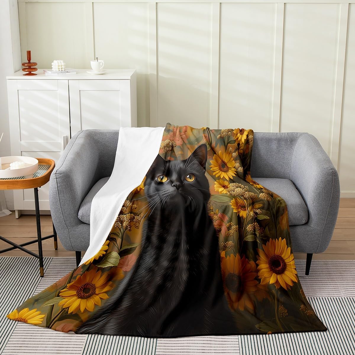 Feelyou Sunflower Black Cat Plush Throw Blanket,Floral Black Cat All Season Bed Blanket Queen 90"x90",Kids Boys Girls Room Decor,Vintage Black Cat Flannel Fleece Blanket,Animal Cat Blanket