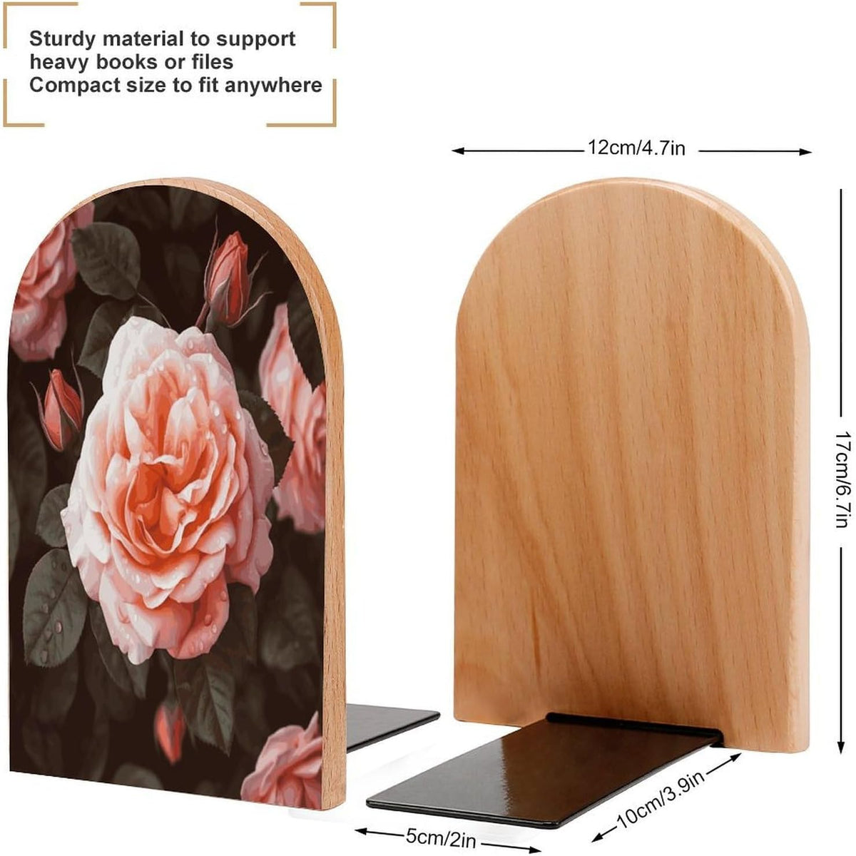 Rose Flower Wooden Bookend Non-Slip Book Ends Heavy Duty Book Stopper with Metal Base Books Holderd Decorative Bookends Stands Firmly for Office Supplies