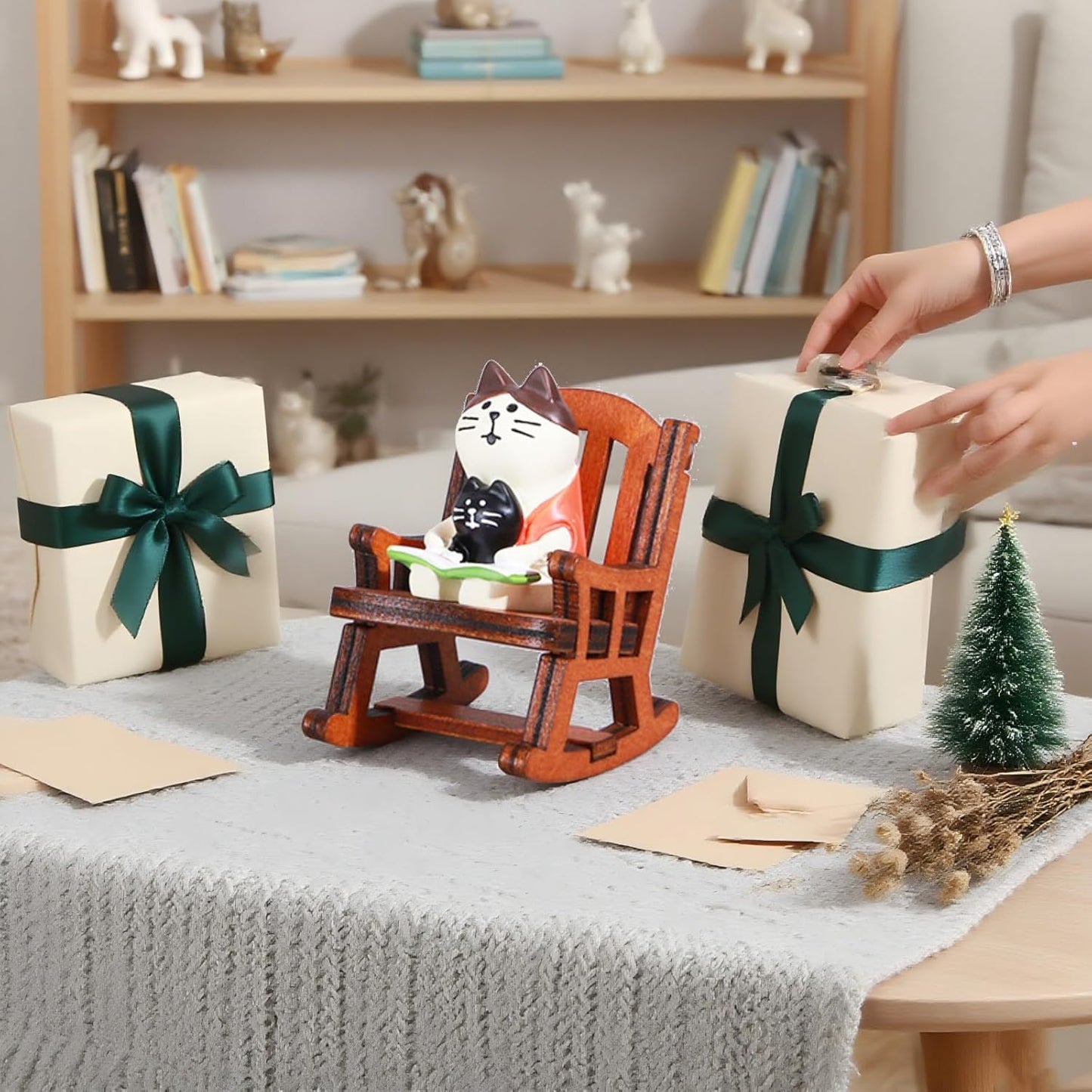 Miniature Cat Reading Figurine with Wooden Rocking Chair Set, White and Black Cats, for Office Desktop Decor, 2.4x3.3x4 cm, Funny Gifts for Mom Grandma, Cute cat Kitty Gift, Fairy Garden Decor