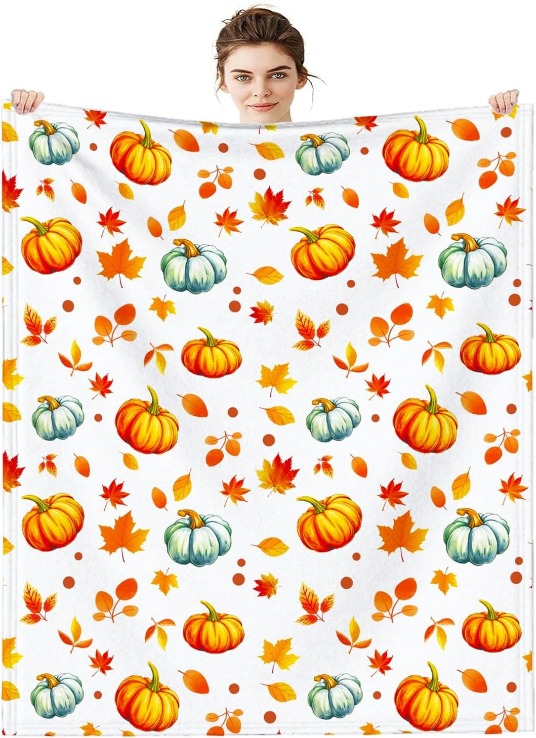 Pumpkins Throw Blanket, Orange Blue Pumpkins and Leaves Soft Flannel Blanket for Living Room Couch Bed Chair and Throws for Home, Blanket 60"x50"