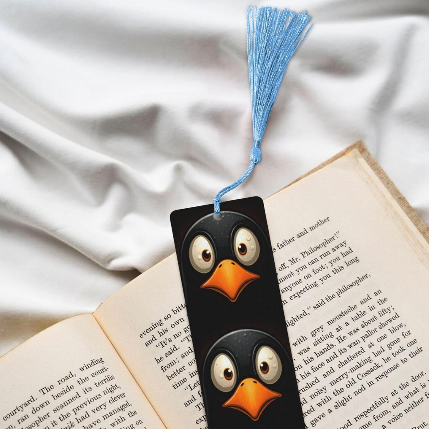 Penguin Head with Big Eyes Bookmarks Gifts for Women Men, Wooden Bookmarks for Book Lovers, Vintage Book Marks Ornaments with Tassel, Unique Personalized Reading Page Markers Sky Blue