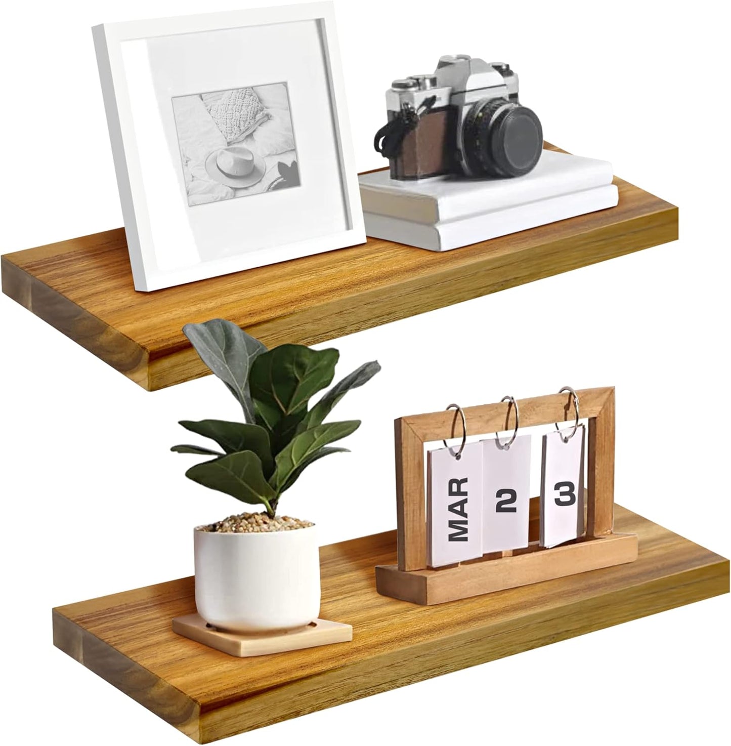Teak Wood Floating Shelves Perfect for Bathroom Décor Pack of 2 Wooden Wall Shelves for Bedroom Living Room Kitchen Simple Minimalist Home Décor 17” x 6.7