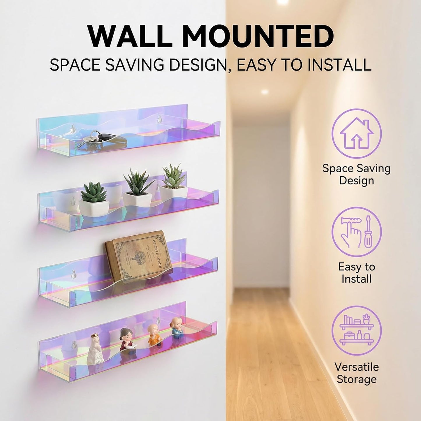 Hiceeden 4 Pack 15" Iridescent Acrylic Floating Shelves, Wall Mounted Floating Bookshelf Organizer for Room, Clear Nail Polish Sunglasses Display Shelf for Picture Ledge, Book, Funko Pop