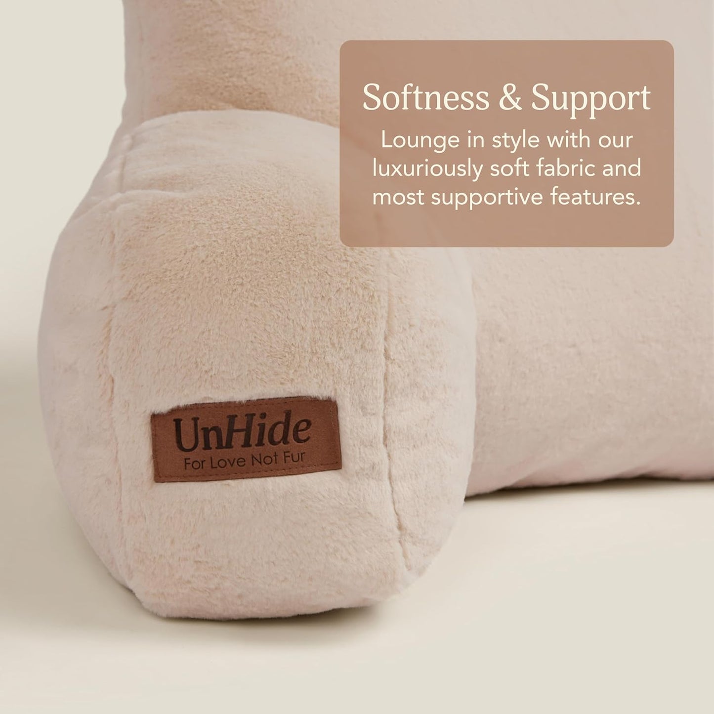 UnHide Squish Backrest Pillow - A Large Pillow with Arms for Sitting Up in Bed, Reading or Lounging - Removable, Washable Faux Fur Cover, Beige