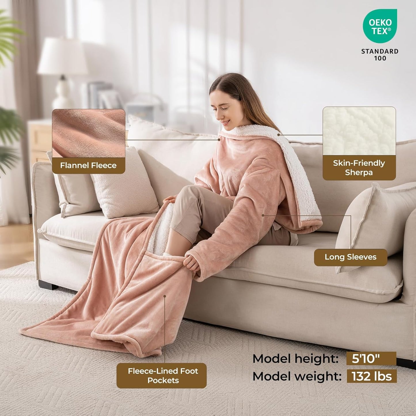 Wearable Heated Blanket with Foot Pocket & Sleeves, Electric Blanket Heated Robe for Women & Men, 5 Heat Settings, 3H Auto-Off, Machine Washable, ETL Certified, Gift-Ready, 50x70 inches, Pink