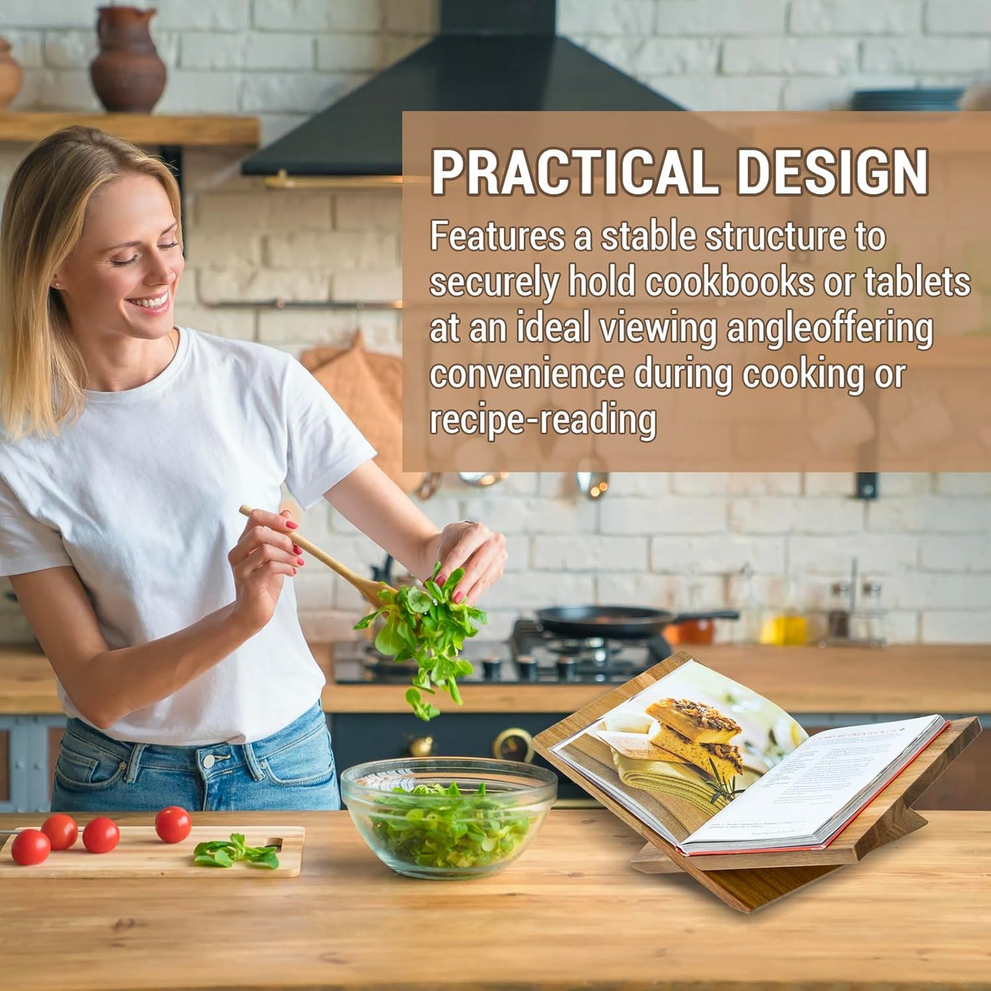 MyGift Premium Acacia Wood Kitchen Cookbook Stand – Solid Wood Recipe Holder for Countertop Cooking, Tablets & Books