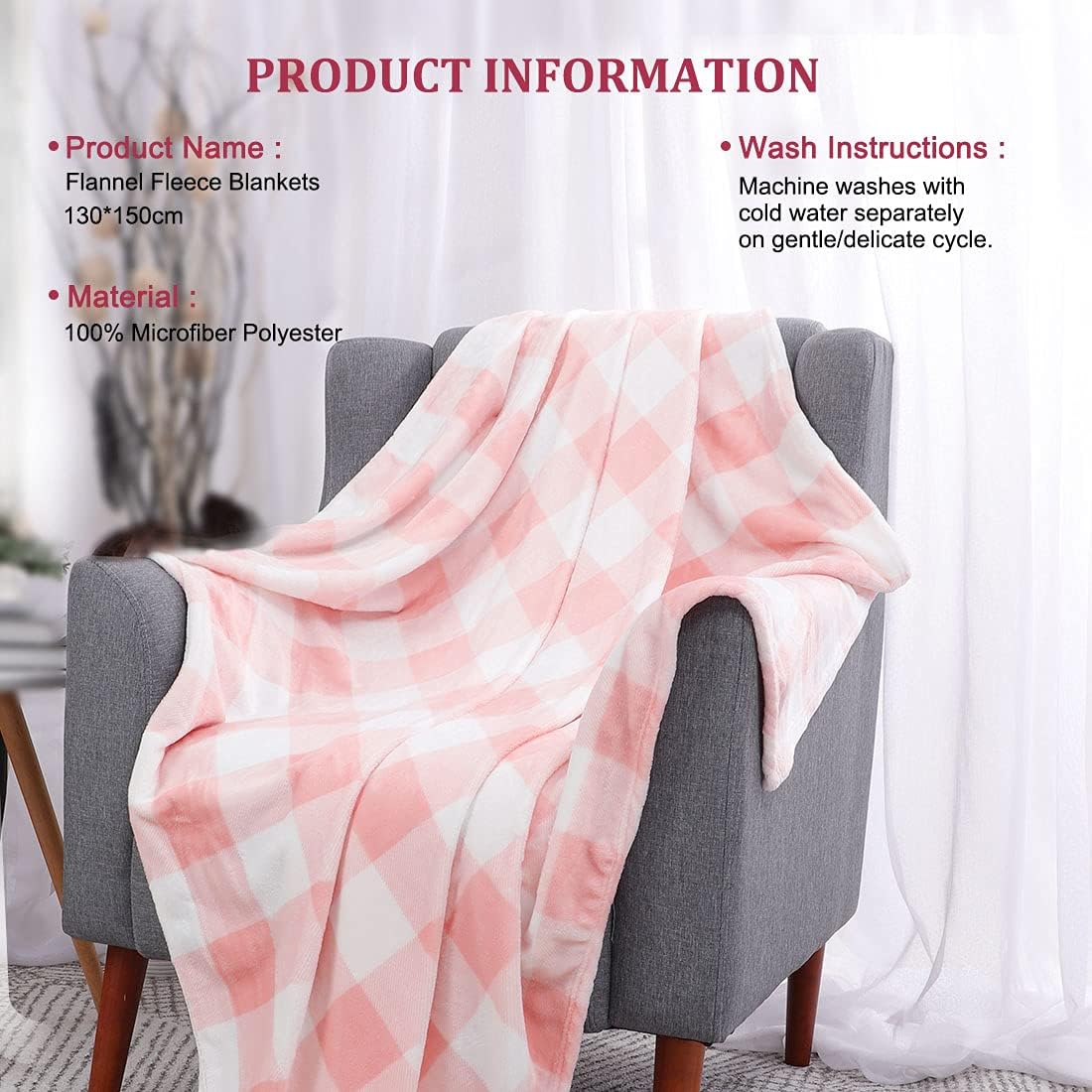 PiccoCasa Plaid Flannel Fleece Throw Blanket, Buffalo Checkered Soft Blankets and Throws, Plush Lightweight Decors Blanket for Couch Sofa Traveling, 50" x 60", Pink and White Tartan