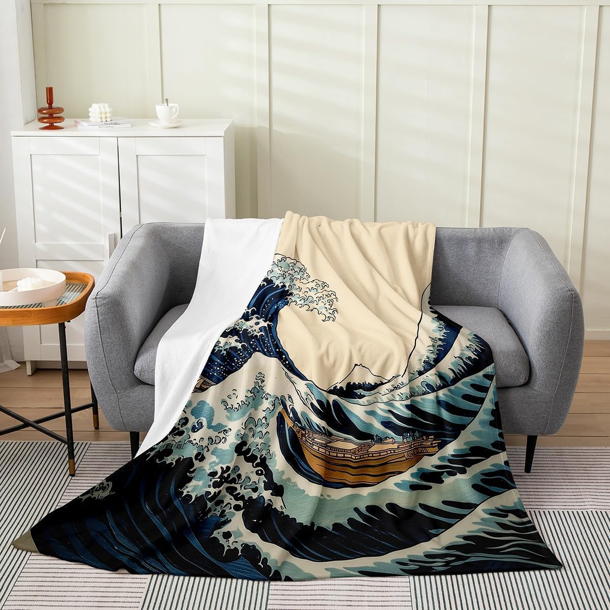 Japanese Wave Flannel Fleece Blanket Twin 60"x80" Kids Ocean Wave Plush Throw Blanket for Boys Girls Teens Boat Mount Fuji,All Season for Bed Sofa Couch Breathable Japanese Ukiyoe
