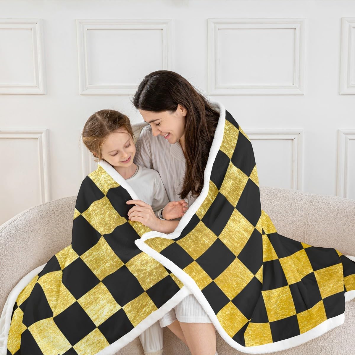 Feelyou Checkered Retro Throw Blanket Golden Black Plaid Soft Fleece Sherpa Cozy Fuzzy Plush Warm Geometric Vintage Fuzzy Plush Throw Modern Simple Groovy Aesthetic 40"x50" for Bed Couch Living Room