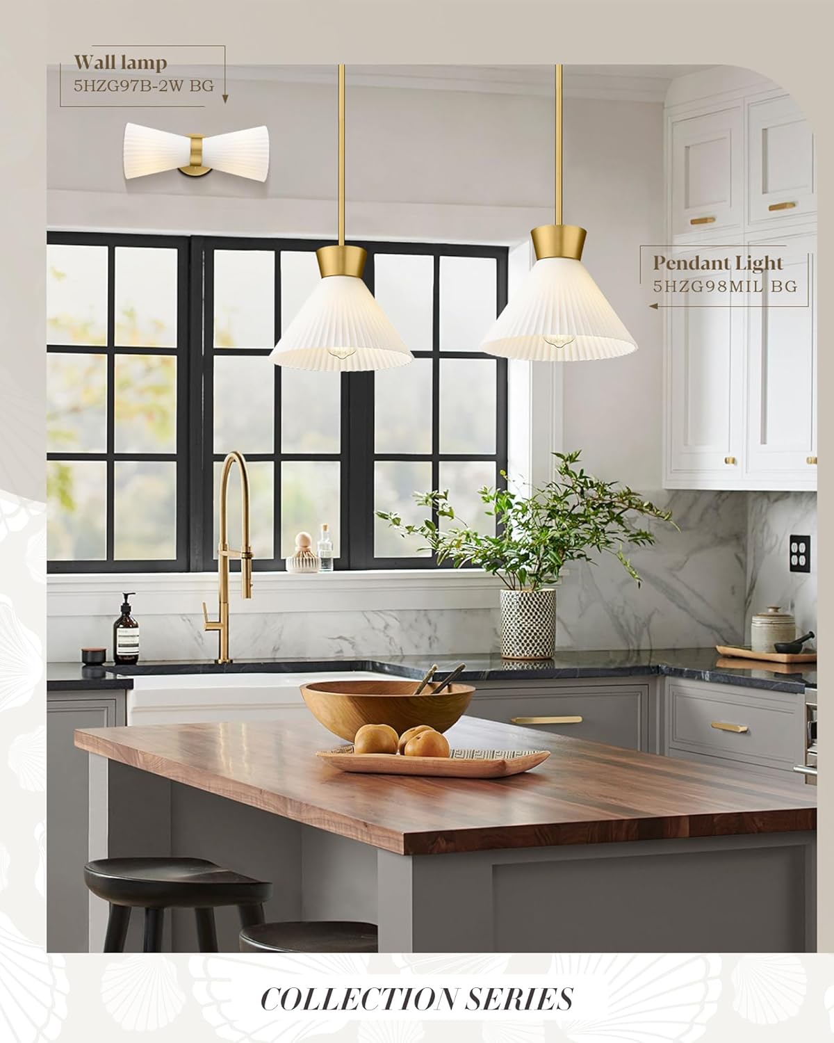 Modern Pendant Light Fixture, HWH White and Gold Kitchen Island Lights 11 Inch, 1-Light Hanging Lighting for Dinning Room Schoolhouse, Frosted Striped Glass Shade, 5HZG98MIL BG