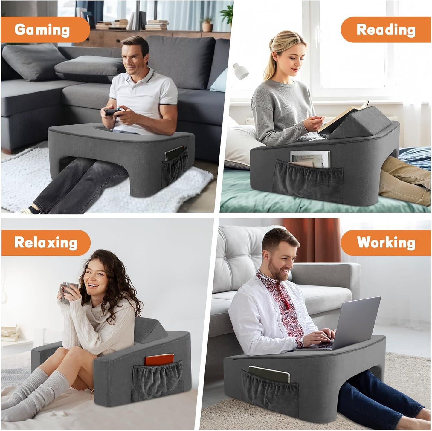 Reading Pillow for Sitting in Bed Adult Size, Back Pillow for Bed Sitting Up, Memory Foam Gaming Pillow, Lap Pillow with Triangular Pillow, Grey Bed Desk for Laptop and Writing/Gaming