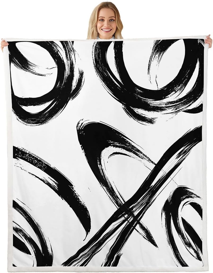 Feelyou Abstract Black White Sherpa Throw Blanket for Couch Abstract Super Soft Cozy Fleece Geometric Lines Art Blanket for Winter, Plush Throw Baby 30"x40" All Season