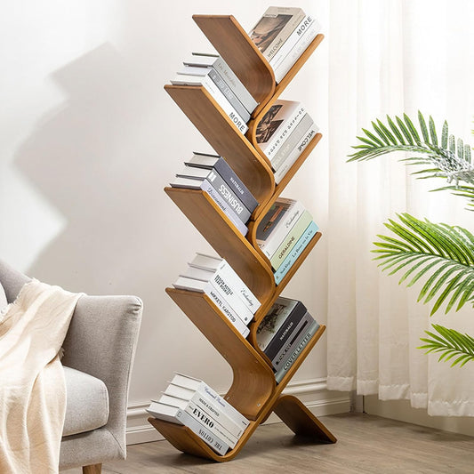 Floor Standing Bamboo Book Shelf, Modern Tall Tree Bookshelf, Small Corner Bookcase Narrow Bookshelves Organizer for Bedroom Living Room Home Office