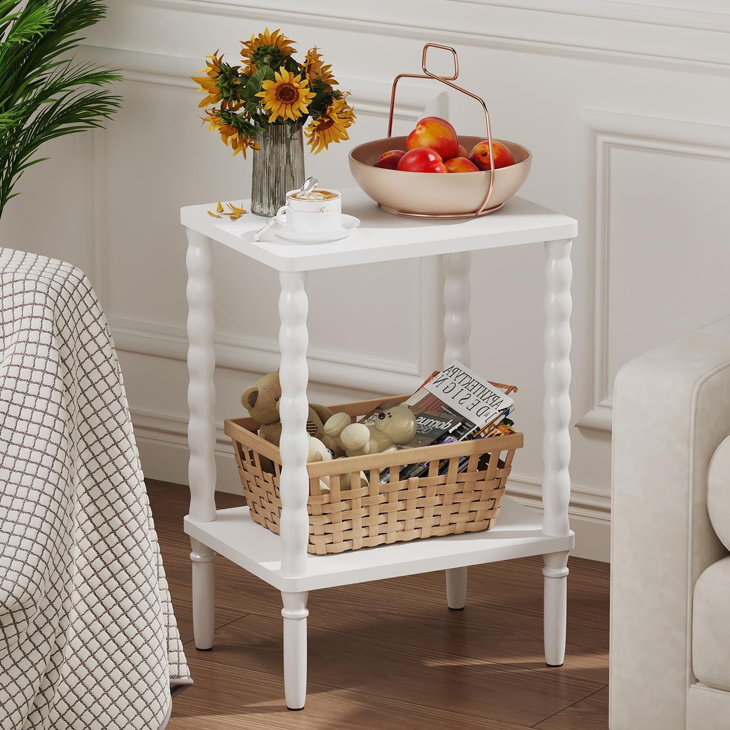 Small Narrow Side Table, Vintage End Table - Skinny Bedside Nightstand for Small Spaces, Couch/Recliner Accent Table for Bedroom Living Room Nursery, No-Tool Assembly (White)