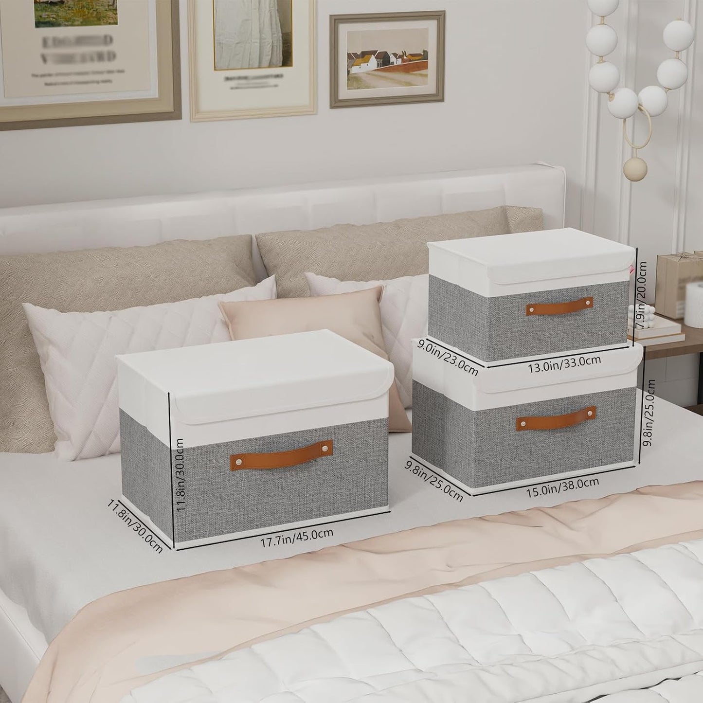 Yawinhe Collapsible Storage Bin, Cube Organizer Basket, Fabric Box with Lids, Washable and Leather Handle, for Home, Closet, White/Grey, 13.0''Lx9.0''Wx7.9''H, 1-Pack, SNK024WGS-1