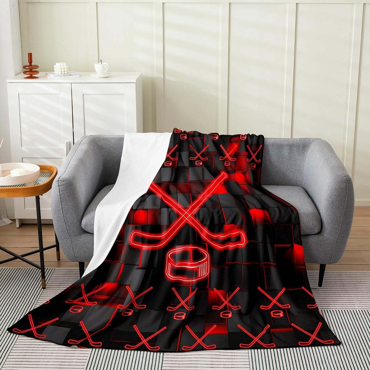 Feelyou Kids Red and Black Flannel Fleece Throw Blanket Ice Hockey Fuzzy Blanket Throw 50"x60" for Boys Bedroom DecorHoneycomb All Season Bed Blanket Ombre Abstract Plush Blanket