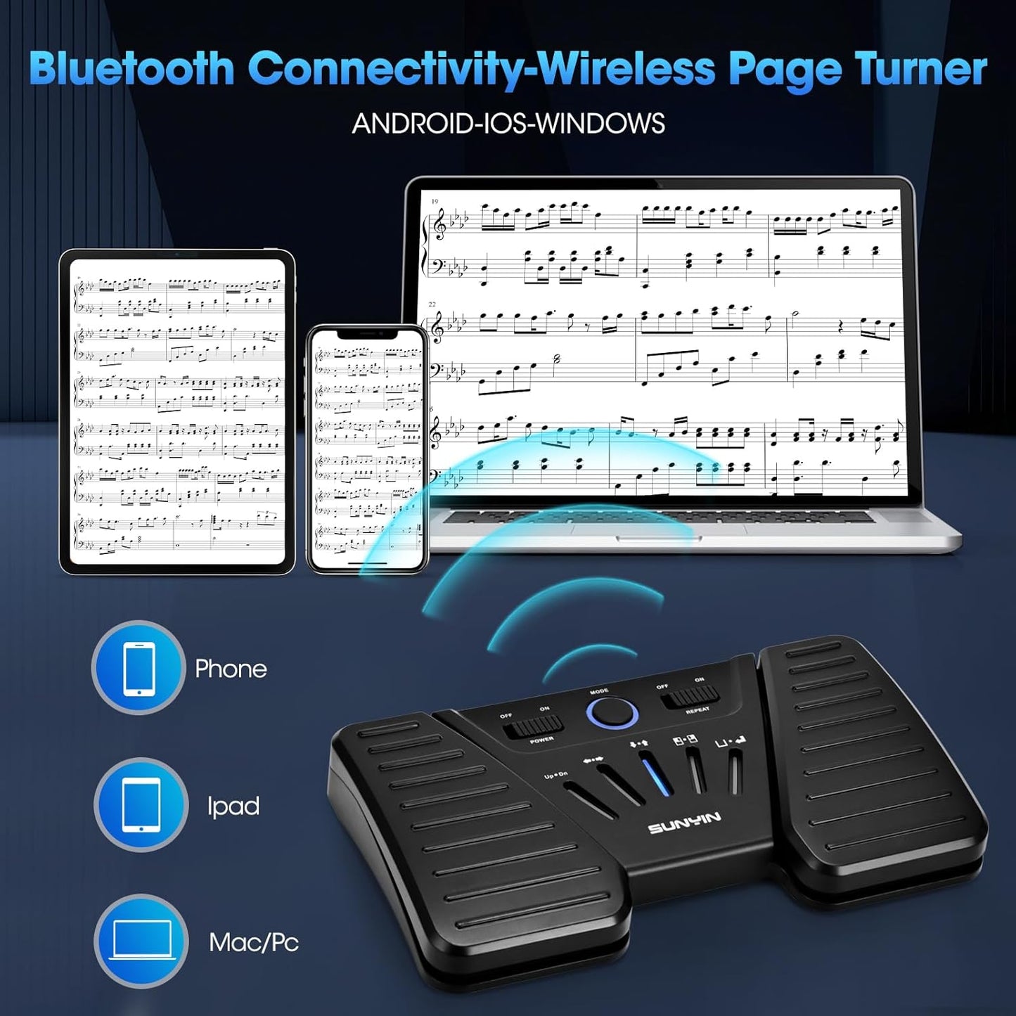 Wireless Page Turner Pedal Buletooth Foot Pedal Music Page Turner for Phones Ipad Tablets Phone Rechargeable Hands-Free（Black)
