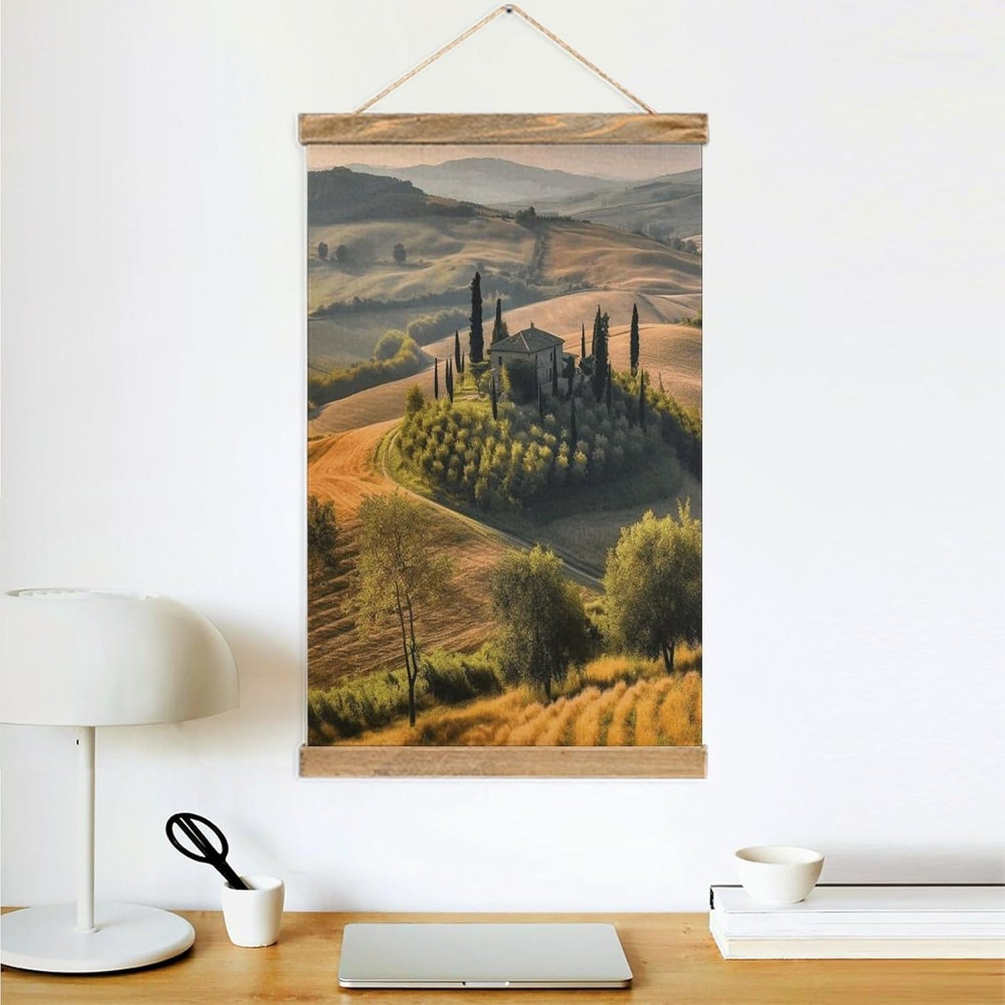 Vintage Tuscany Landscape Tree Scenery Farm Poster with Wooden Frame Personalized Linen Hanging Scroll Painting Rustic Wall Hanging Illustrative Modern Artwork Decor for Home Living Room Bedroom Offic