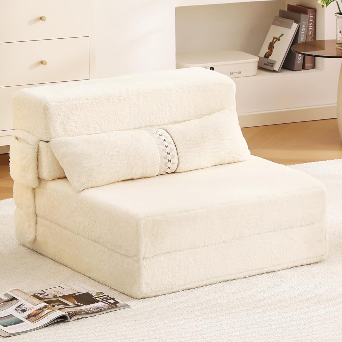 Tiita Folding Sofa Bed Couch, Single Size Foldable Futon Chair with Pillow, Folding Sleeper Sofa Chair Bed Floor Mattress for Guest Room, Living Room, Beige