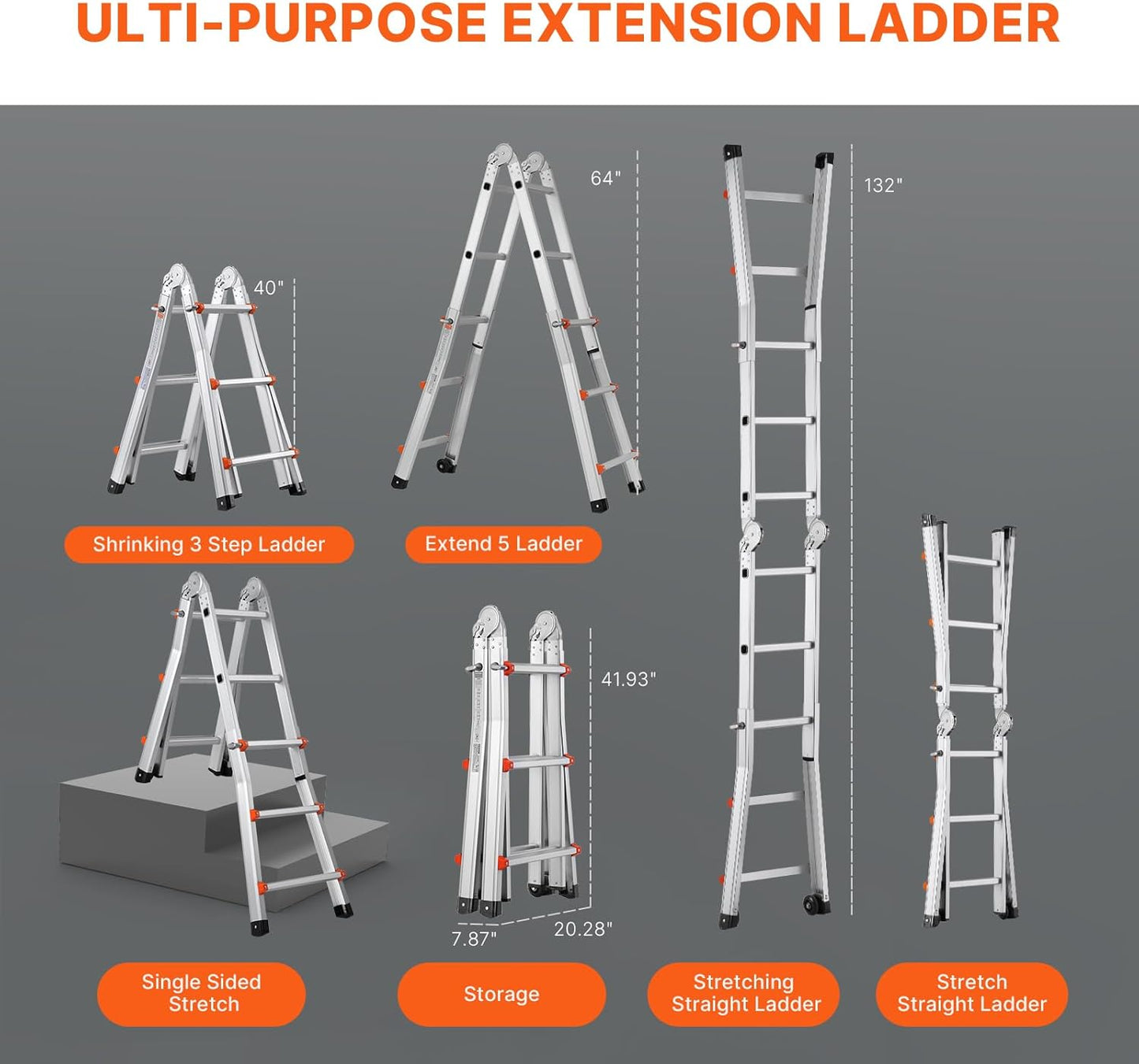 VEVOR 11 FT A-Frame Telescoping Ladder - Compact & Portable Aluminum Ladder, 330lb Load Capacity for Home, Roof, Stairs, Indoor & Outdoor Use