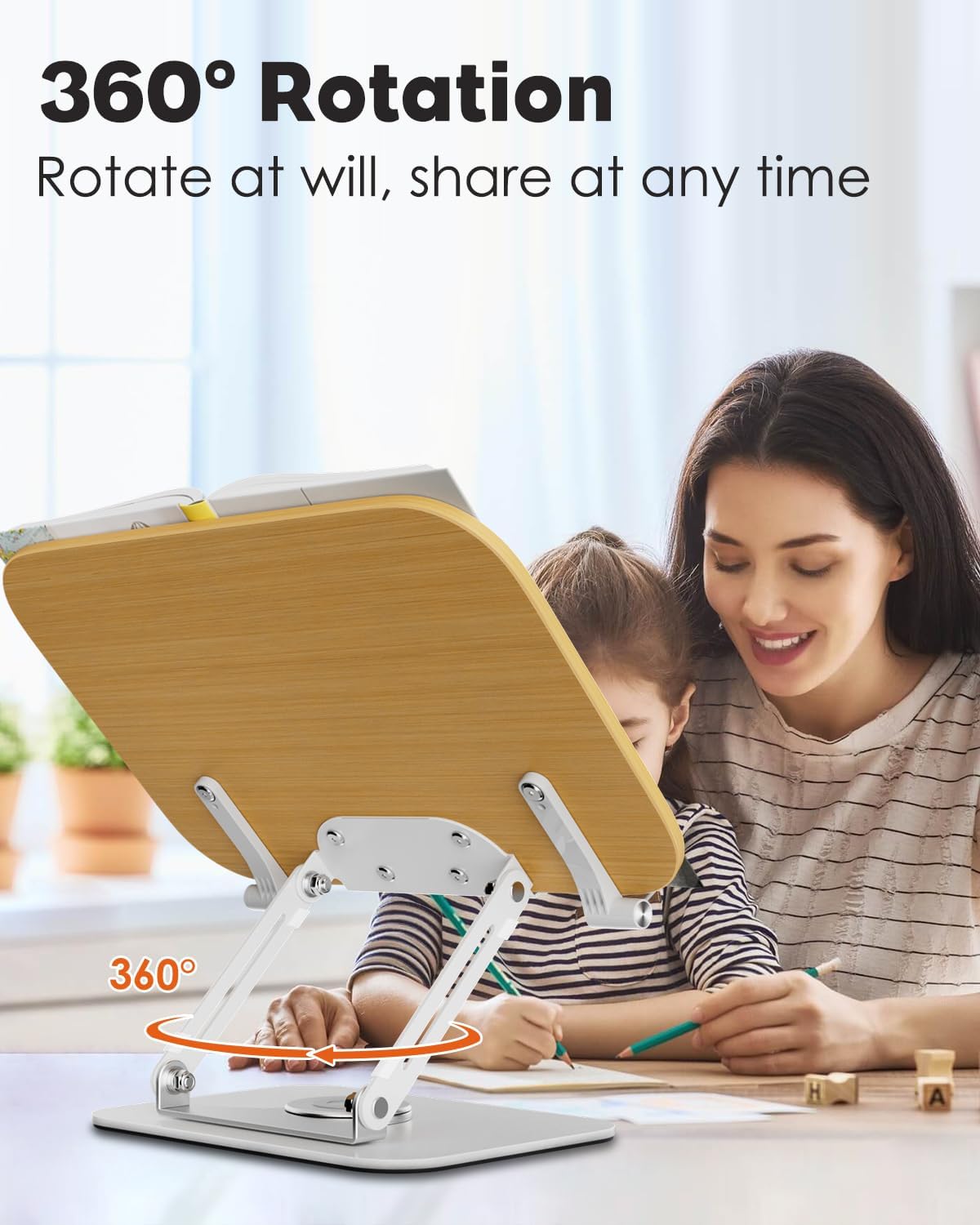 Book Stand for Reading, Aboutool Adjustable Book Holder with 360° Swivel Base & Page Clips, Foldable Cookbook Stand Textbook Stand for Music Scores, Recipe, Tablet, Laptop, Textbook