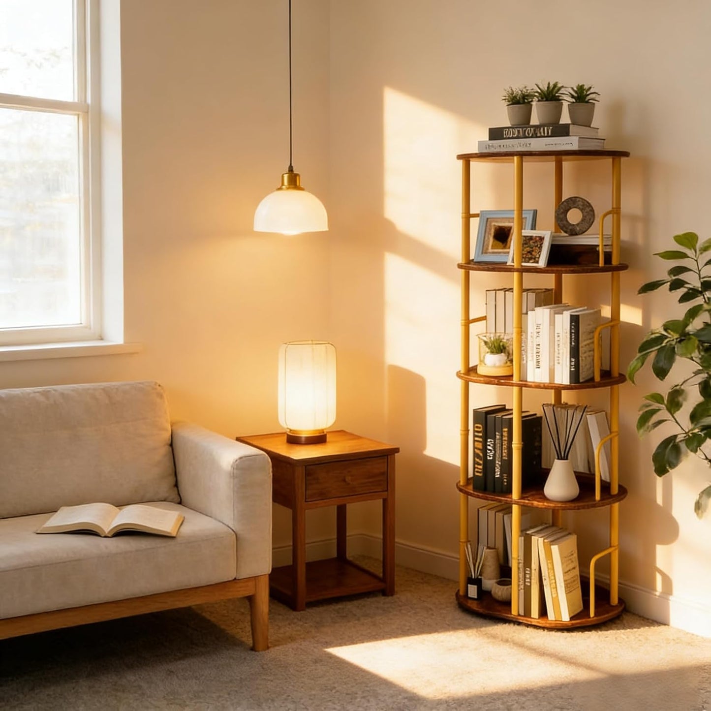 4 Tier Round Shelf, Industrial Freestanding Bookcase with Metal Frame, Rustic Wood Display Storage Rack for Living Room, Bedroom, Office & Small Spaces