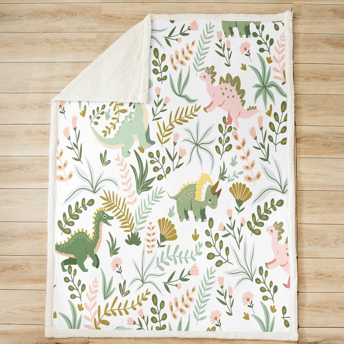 Cute Dino Kids Throws Blanket,Kawaii Pink Green Dinosaur Sherpa Blanket for Girls Teens, Cartoon Wildlife Floral Leaves Plant Microfiber Fleece Blanket Room Decor, Throw Size (50 x 60 Inch)