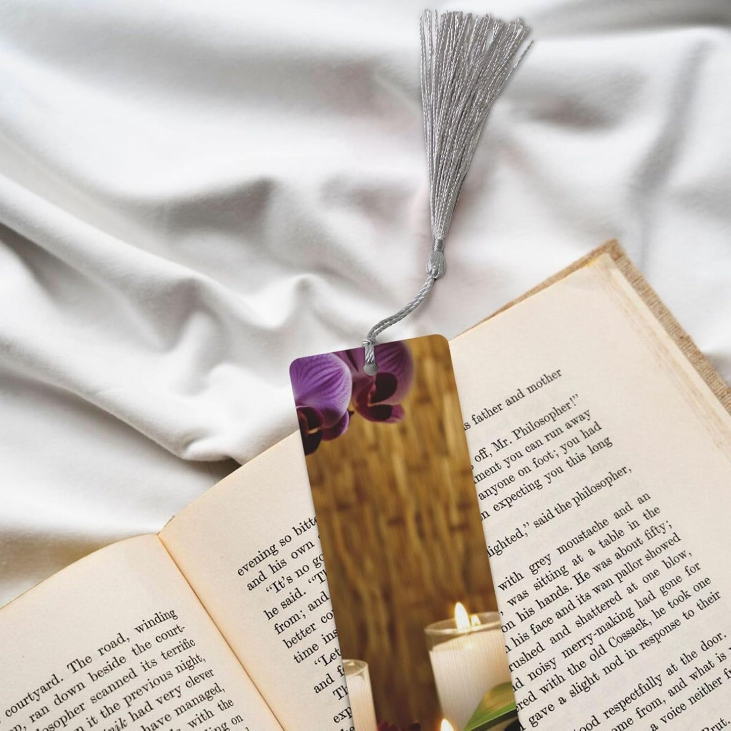 Candles and Orchids Wooden Bookmarks Handmade Double-Sided Printed Book Marks Page Markers with Gray Tassels Book Accessories Gift for Book Lovers Women Men