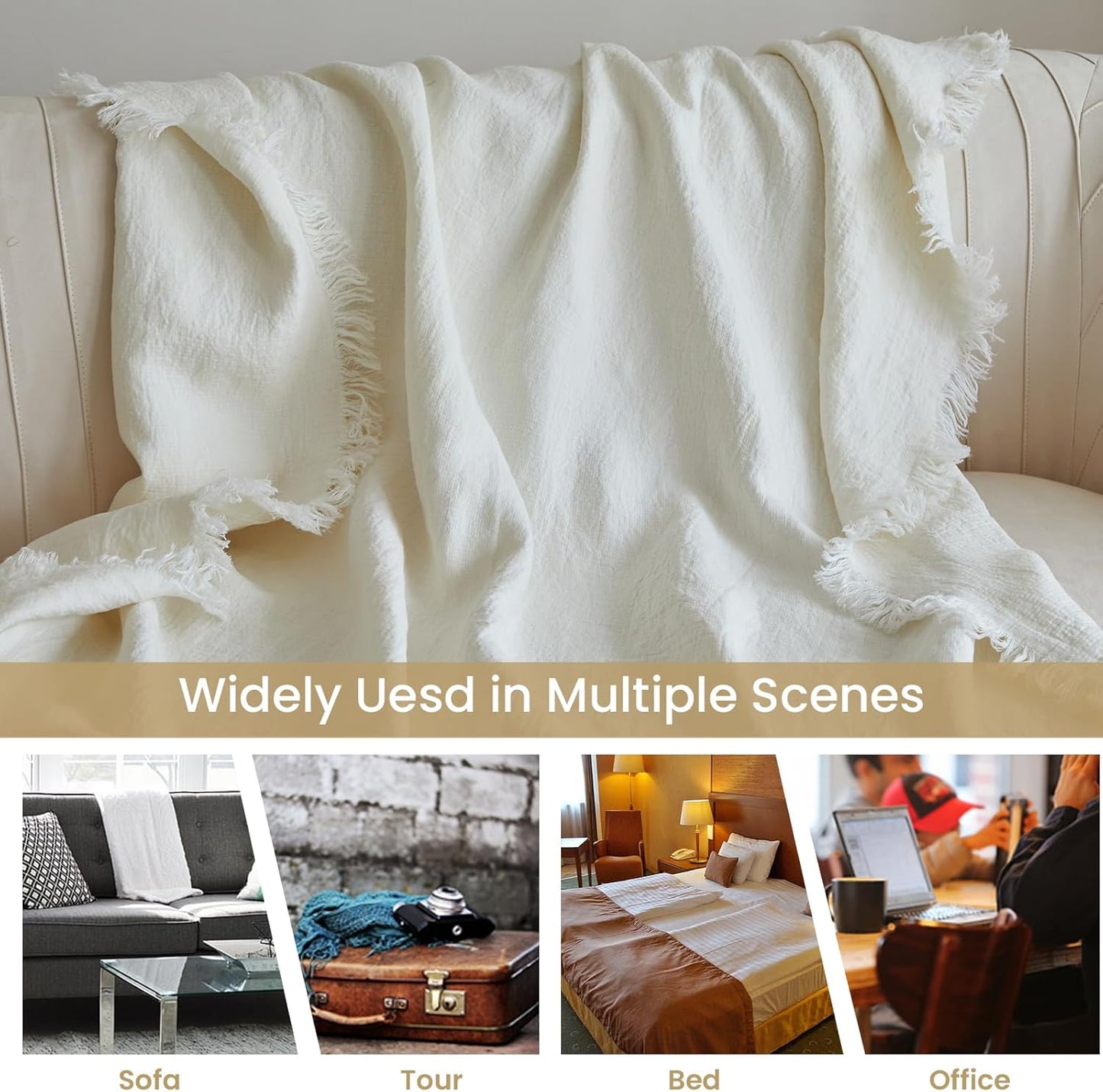 Simple&Opulence 100% Linen Throw Blanket 55x75 inches, Farmhouse Boho Tassel Blanket for Couch, Bed, Sofa, Breathable Natural Cozy Décor, White