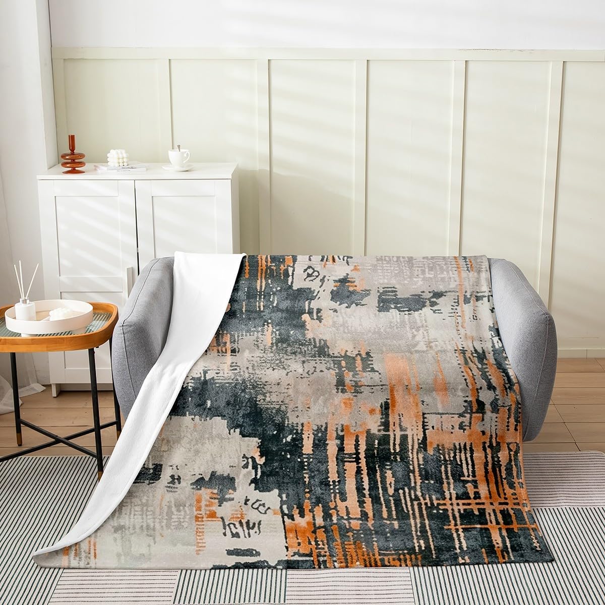 Erosebridal Orange Grey Abstract Throw Blanket Throw 50x60,Modern Watercolor Tie Dye Fleece Blanket for Sofa,Grunge Bed Blanket,Brush Strokes Aesthetic Sherpa Blanket Graffiti Room Decor