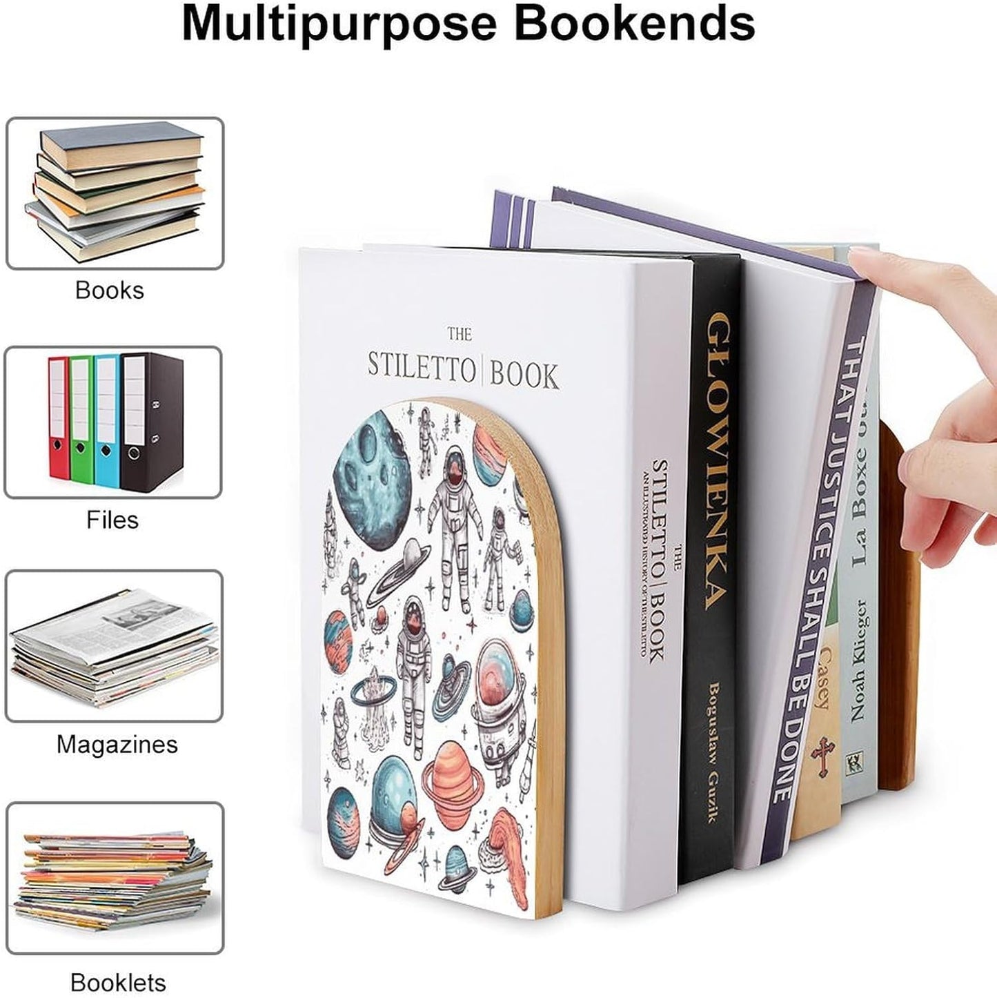Space Theme Wooden Bookend Non-Slip Book Ends Heavy Duty Book Stopper with Metal Base Books Holderd Decorative Bookends Stands Firmly for Office Supplies