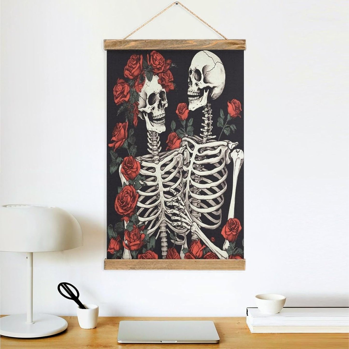 Vintage Rose And Skeleton Poster with Wooden Frame Personalized Linen Hanging Scroll Painting Rustic Wall Hanging Illustrative Modern Artwork Decor for Home Living Room Bedroom Office