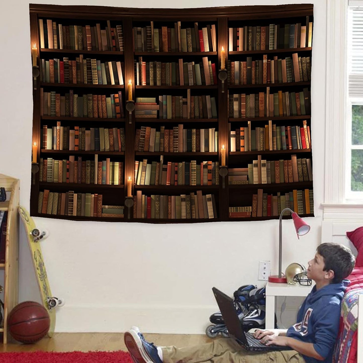 Old Bookshelf Candle Print Fabric Tapestry Decorative Wall Art Tablecloth Bedspread Picnic Blanket Beach Throw Blanket Multifunctional for Bedroom Hall Dormitory Living Room Hanging 59 x 51 inches