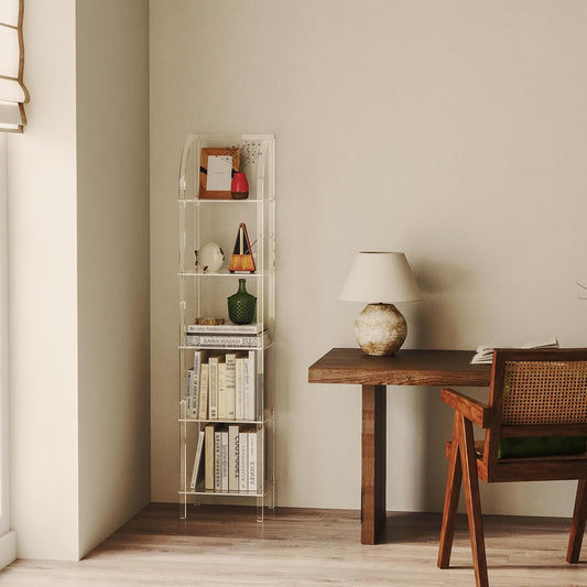 5-Tier Acrylic Arched Bookcase, Square Legs, 13.8''W x 11.8''D x 59.6''H, Clear Narrow Bookshelf for Small Space, Unique Book Shelves for Home Office, Living Room, Bedroom, Modern
