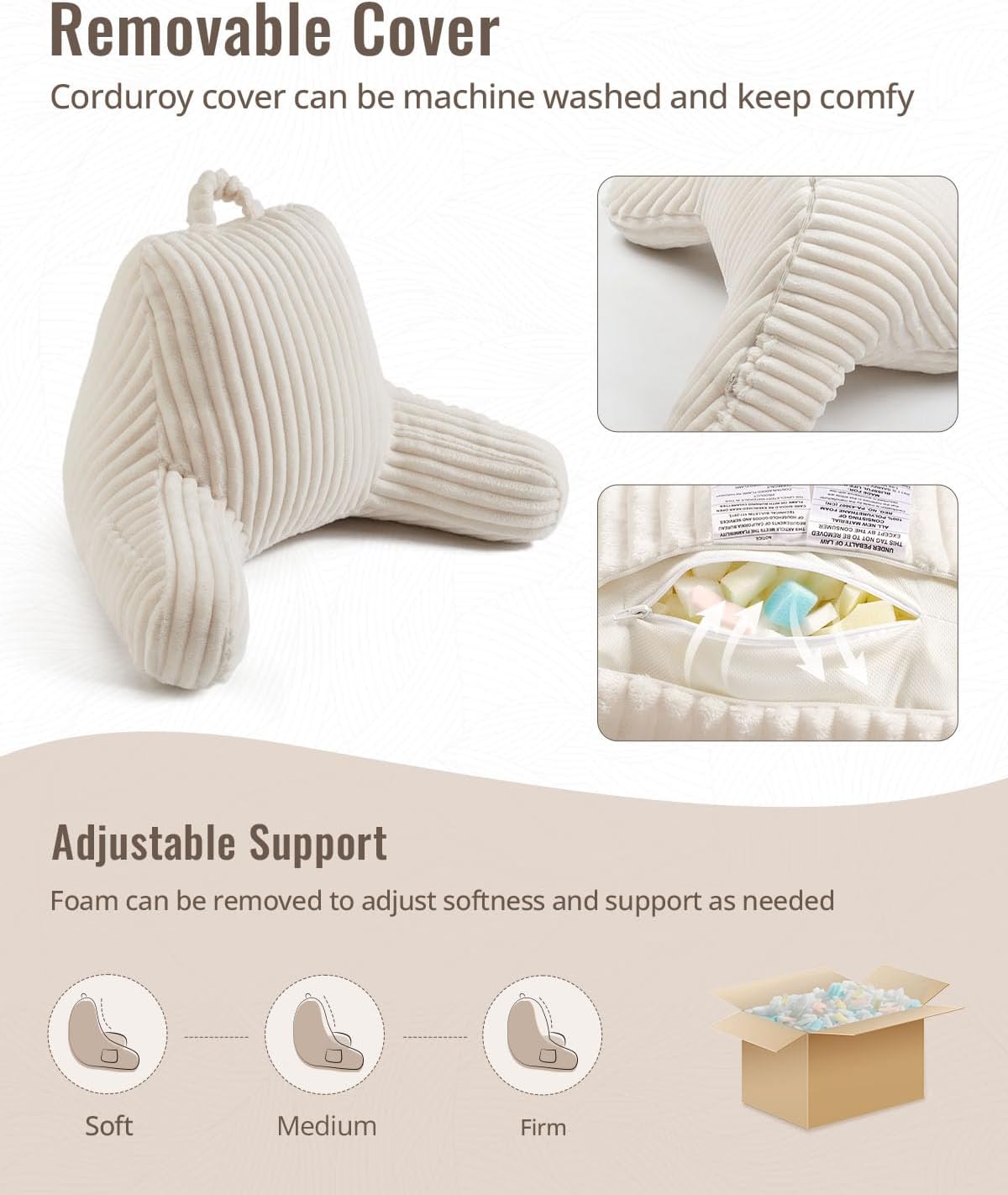 Blissful Diary Reading Pillow for Sitting in Bed, Flannel Back Pillow Bed Sitting Up for Adult & Children, Backrest Cushion for Sit Up in Couch or Floor, Dorm Essentials, Cream White