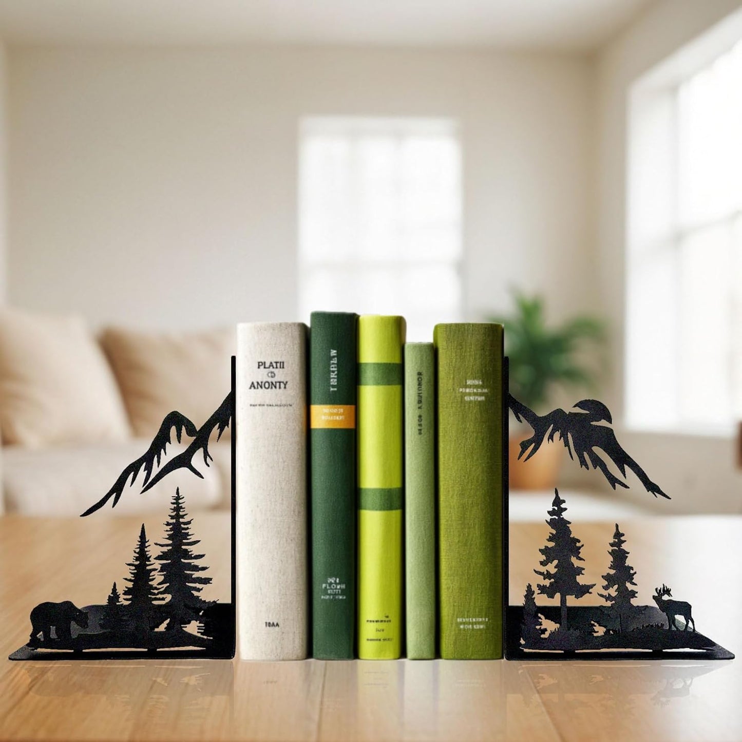 Mountain Forest Book Ends Decorative for Shelves, Cute Metal Bookends for Heavy Books, Unique Laser Cut Book Holders, Black Book Stopper for Home Office, Decorative Bookends for Shelf Decor