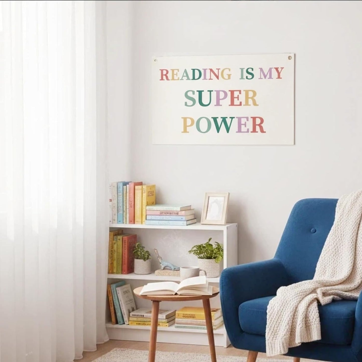 Canvas Wall Hanging Banner Decor (30"L x 20"W), "READING IS MY SUPER POWER" Inspirational Quote Fabric Sign, Boho Minimalist Wall Art with Metal Grommets for Library, Classroom & Reading Nook