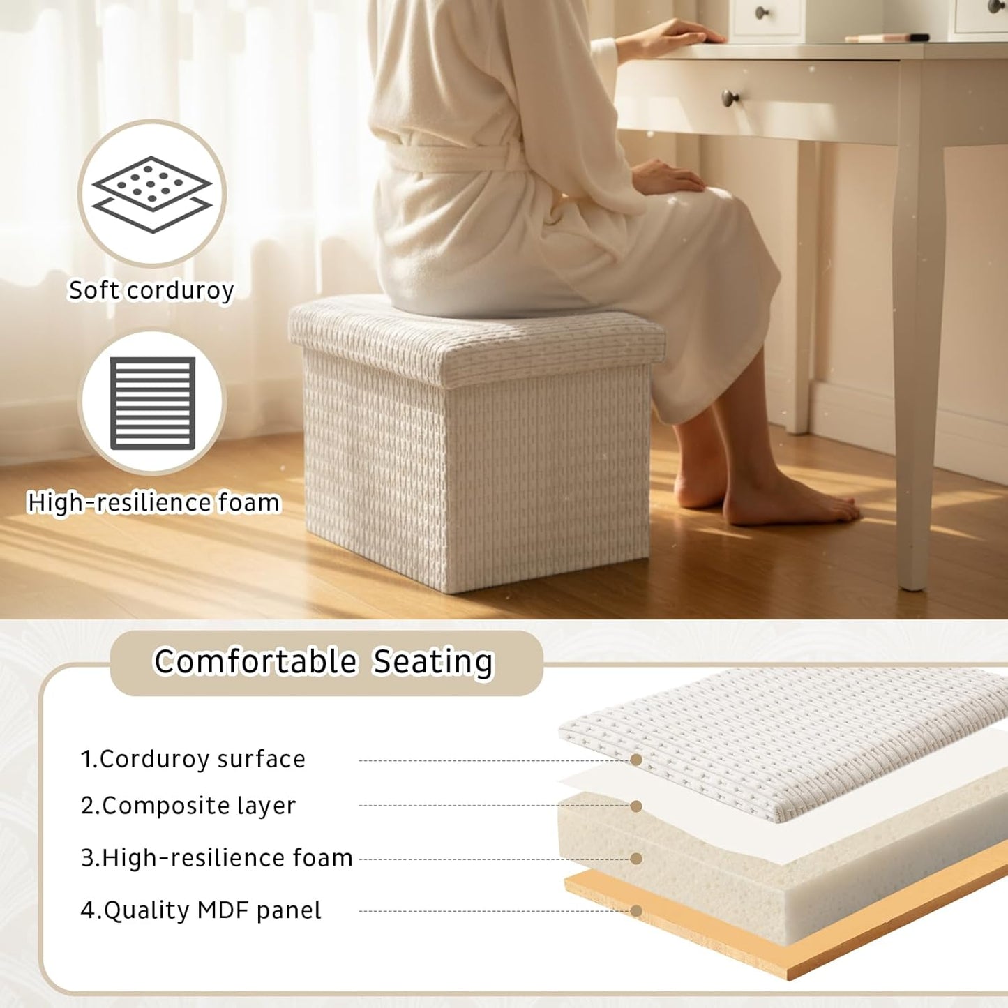Thyle Storage Ottoman with Lid, Foldable Foot Rest Stool with Hidden Storage, Corduroy Ottoman for Living Room Bedroom Dorm Under Desk, 16x12x12 Inch(Beige)