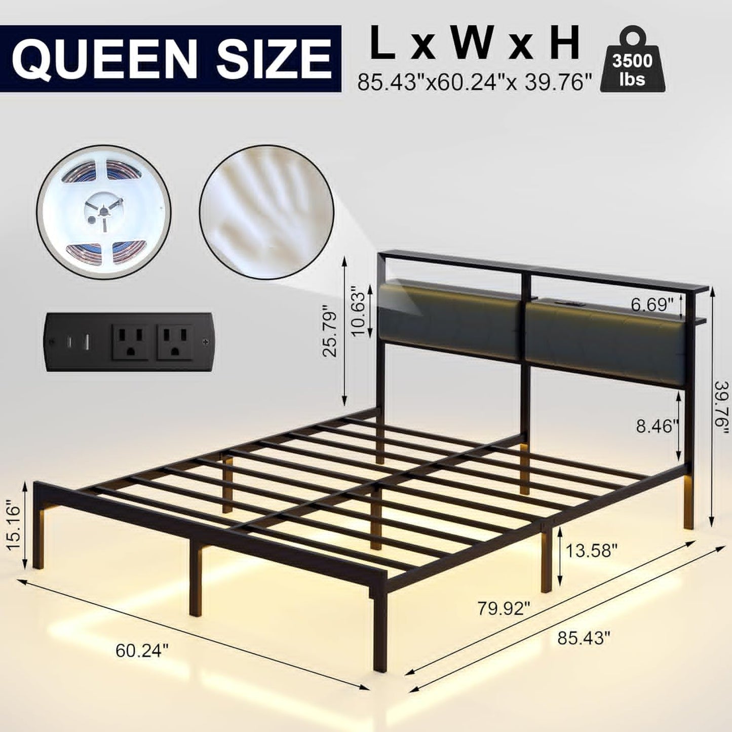 Queen Bed Frame with LED Lights & Charging Station, Metal Platform Bed Frame with 2 Tier Storage Headboard, Under Bed Storage, No Box Spring Needed, Noise Free, Easy Assembly