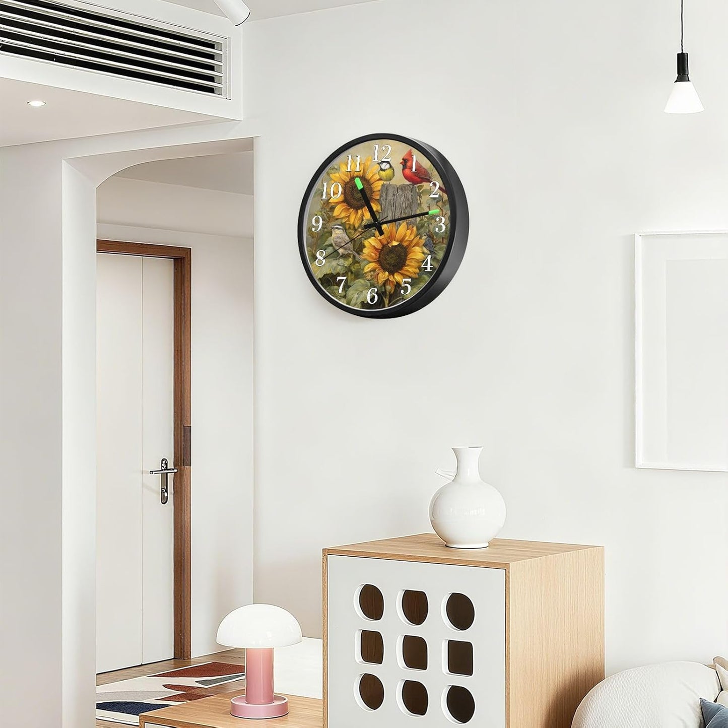 Red Cardinal Bird with Sunflower Night Light Wall Clock Light Up Luminous Non-Ticking Silent Battery Operated Clocks 12 Inch for Kitchen Home